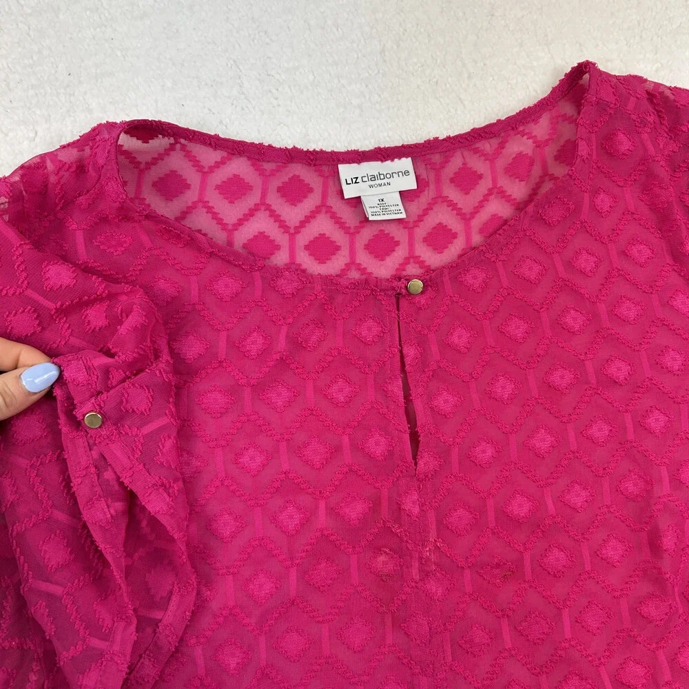 Liz Claiborne Shirt Womens 1X Pink Sheer Textured Short Sleeve Blouse